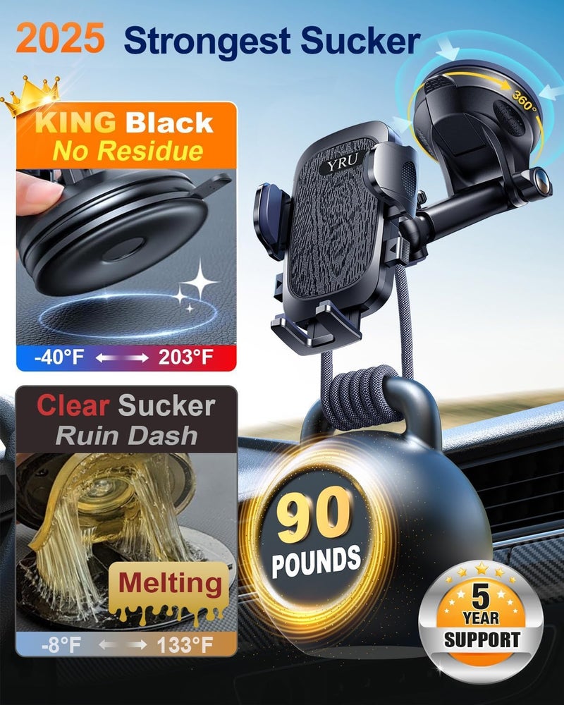 YRU True Military-Grade [360° Rotation Suction] 2025 Ultimate Car Phone Holder Mount 【90+LBS Safest Strongest & Patent Certs】 Dashboard Windshield Vent for iPhone 17 16 Pro Max Samsung, Jet Black - Image 3